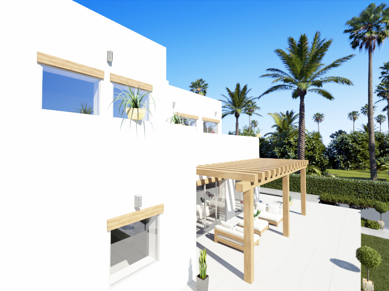 Moderne weiße Fassade mit Holzstürzen, einer Holzpergola über der möblierten Terrasse und einem mediterranen Garten mit hohen Palmen.
