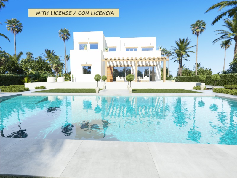 Moderne zweistöckige weiße Villa mit großem türkisfarbenem Pool, einer Terrasse mit Holzpergola und einem gepflegten Garten mit Palmen.