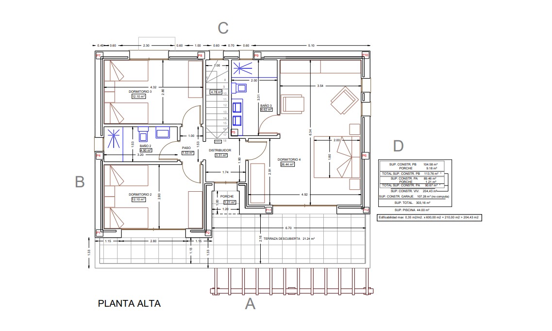 Technischer Grundriss des Obergeschosses mit drei Schlafzimmern, zwei Badezimmern und einer 21 m² großen Terrasse mit Zugang vom Hauptschlafzimmer.