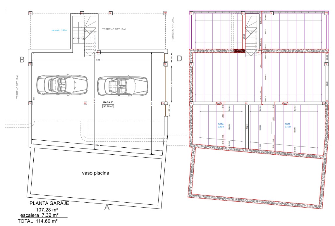 Technischer Grundriss des Untergeschosses mit einer 95 m² großen Garage, Treppenaufgang und dem strukturellen Entwurf des Poolbeckens.