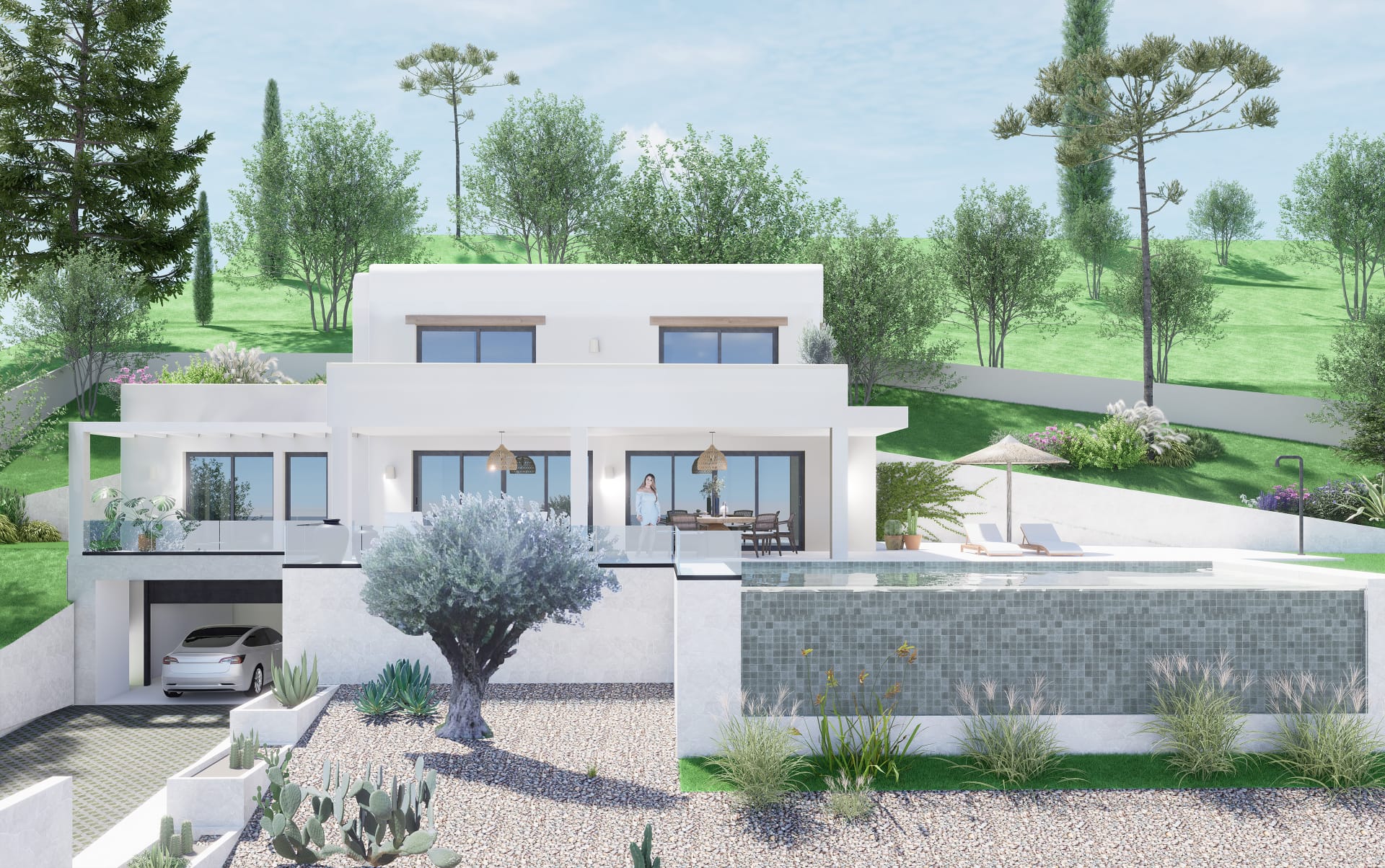 Außenansicht der modernen Villa mit weißer Fassade, grauem Mosaik-Infinity-Pool, mediterranem Garten mit Olivenbaum und integrierter Garage.
