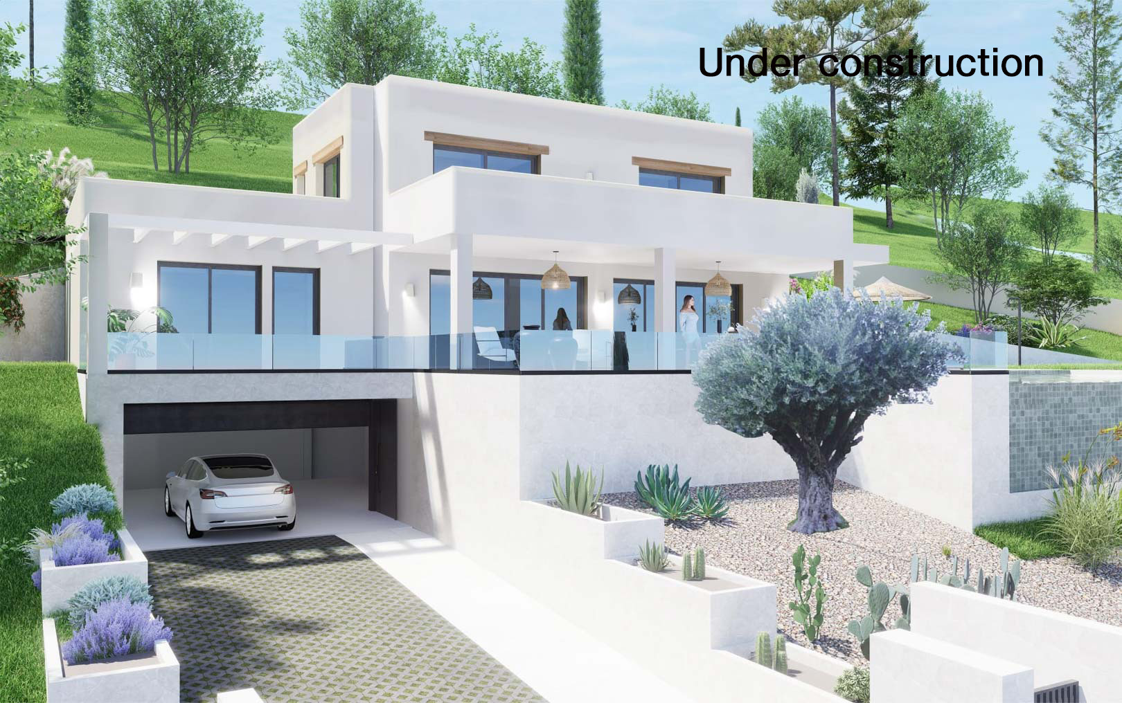 Außenansicht der modernen Villa mit weißer Fassade, großzügigen Terrassen mit Glasgeländern, mediterranem Garten und integrierter Doppelgarage im Untergeschoss.