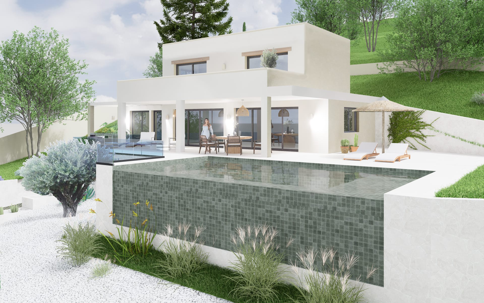 Außenansicht der Villa mit grünem Mosaik-Infinity-Pool und weißer Terrasse. Die minimalistische Architektur bietet eine überdachte Veranda und einen mediterranen Garten.