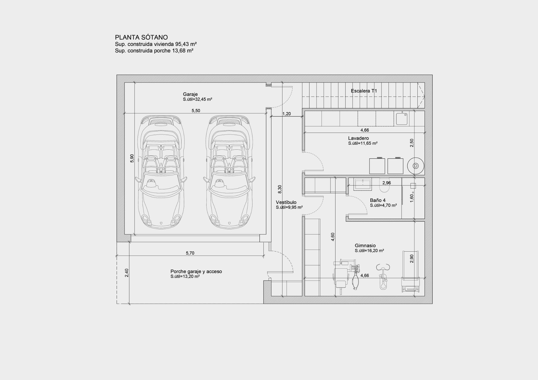 Detaillierter Grundriss des Untergeschosses mit Doppelgarage, privatem Fitnessraum, Waschküche, Badezimmer und Eingangsbereich.
