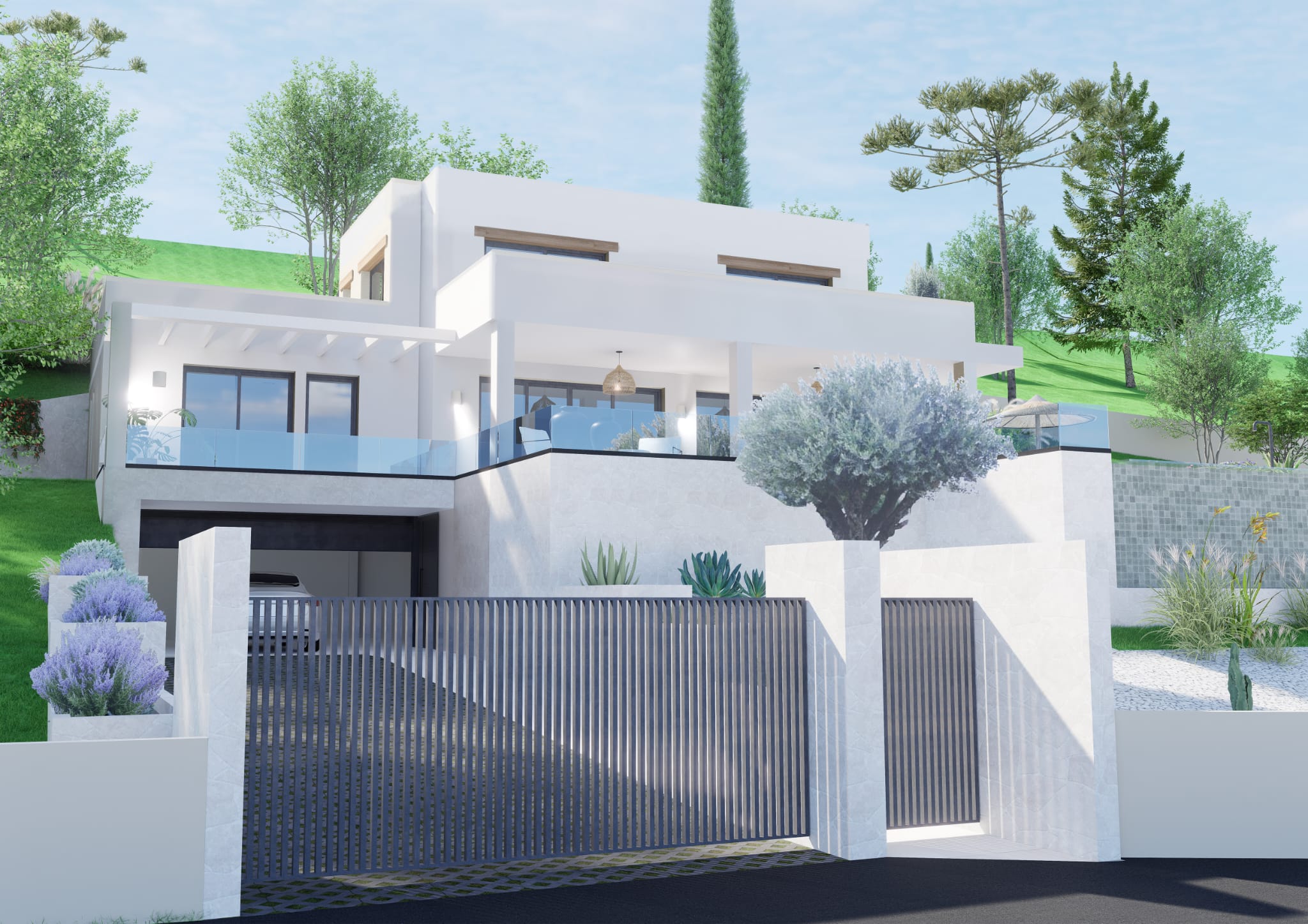 Moderne Villa mit anthrazitfarbenem Lamellentor, Natursteinwänden und Doppelgarage. Die Architektur besticht durch Glasgeländer an den Terrassen und mediterrane Bepflanzung.