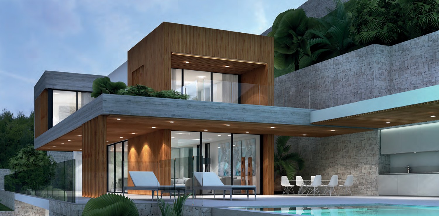 Außenansicht der Villa mit Holz- und Betonoberflächen, weitläufigen Terrassen, Pool und einem unter einer Auskragung integrierten Außenessbereich.