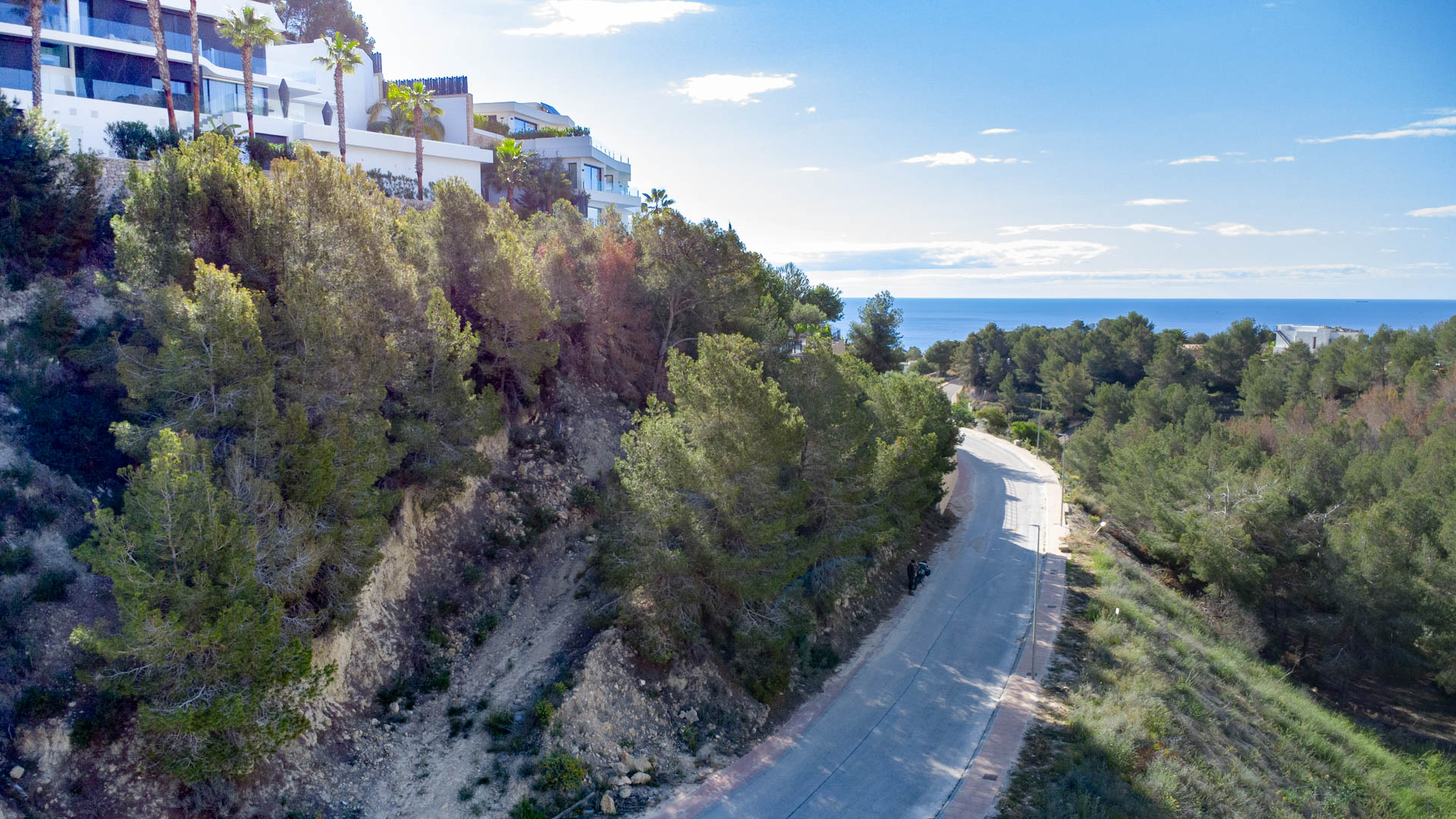 Erhöhte Ansicht der Zufahrtsstraße in Racó de Galeno mit bewaldetem Pinienhang und modernen Villen mit Blick auf das Mittelmeer.