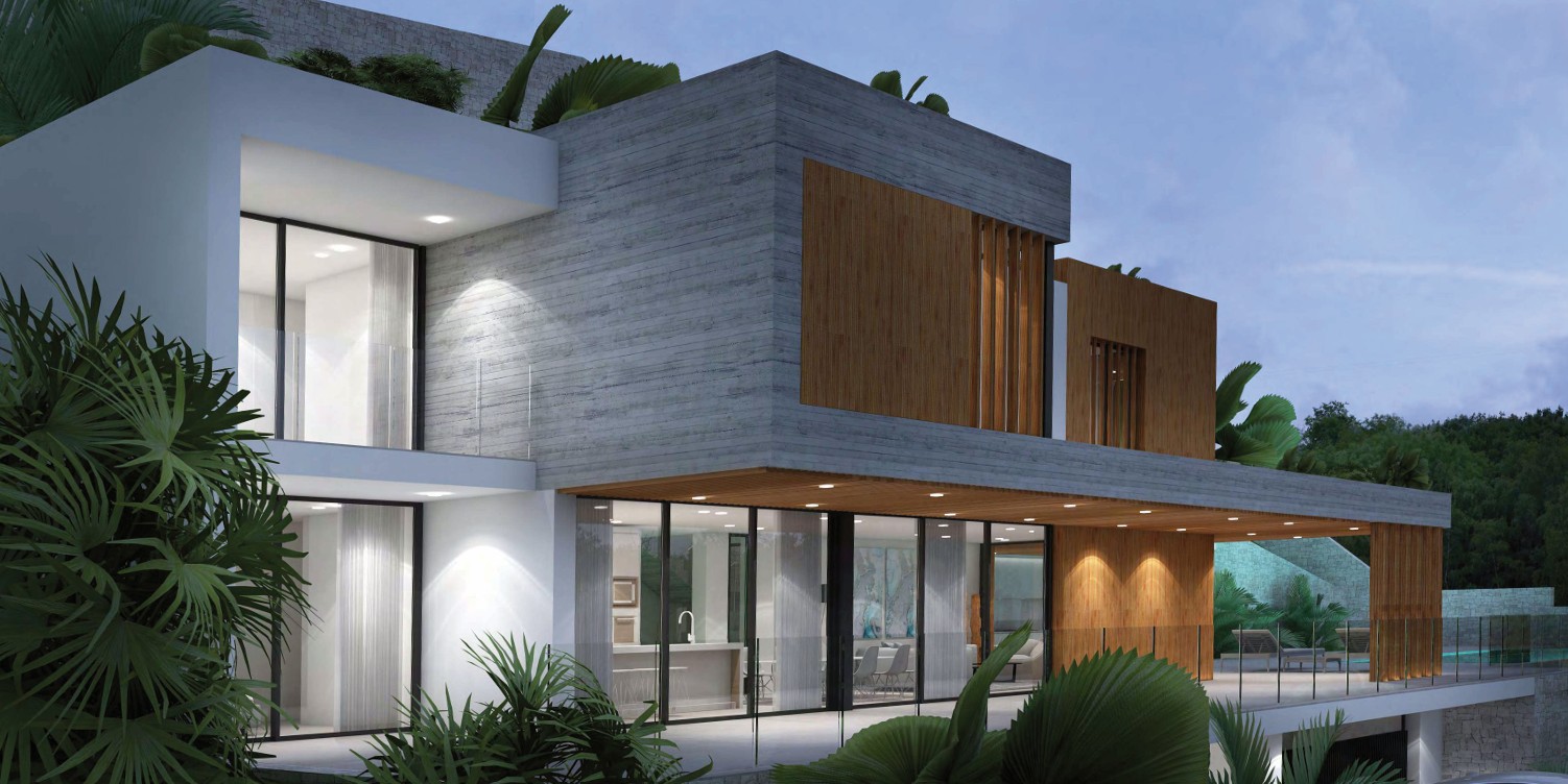 Moderne Fassade aus Sichtbeton und Holz mit großen Glasfronten. Das beleuchtete Erdgeschoss zeigt eine offene Küche und einen Wohnbereich, der an eine überdachte Terrasse mit Einbaustrahlern grenzt.