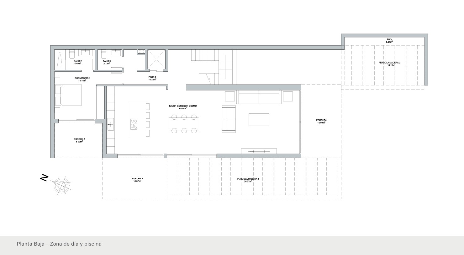 Technischer Grundriss des Erdgeschosses mit 68 m² offenem Wohnbereich, einem Schlafzimmer mit Bad, großzügigen Veranden und einem Außen-Grillbereich.