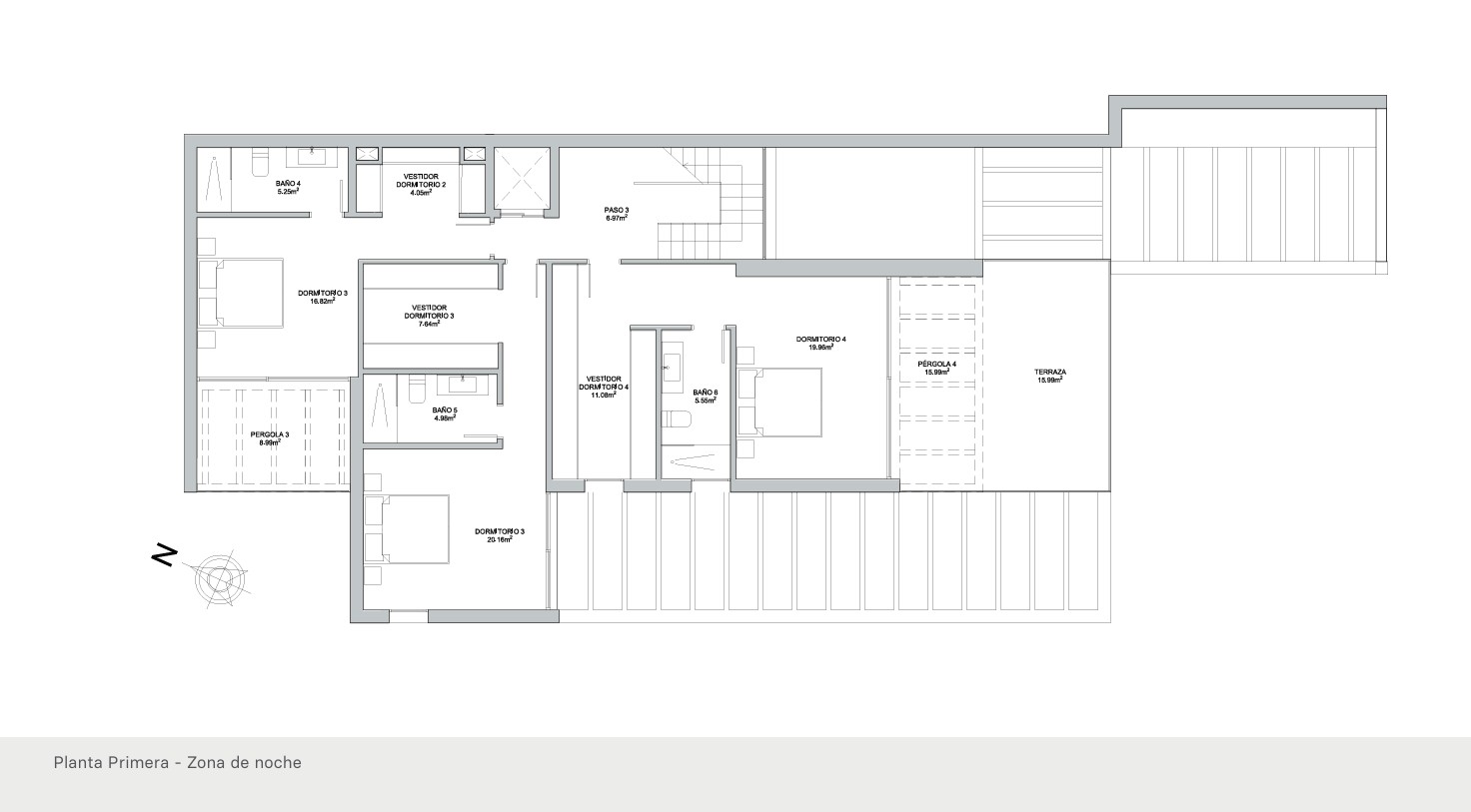 Technischer Grundriss des Obergeschosses mit Darstellung des Nachtbereichs, drei Schlafzimmern mit En-Suite-Bädern, Ankleidezimmern und Zugang zu Terrassen.