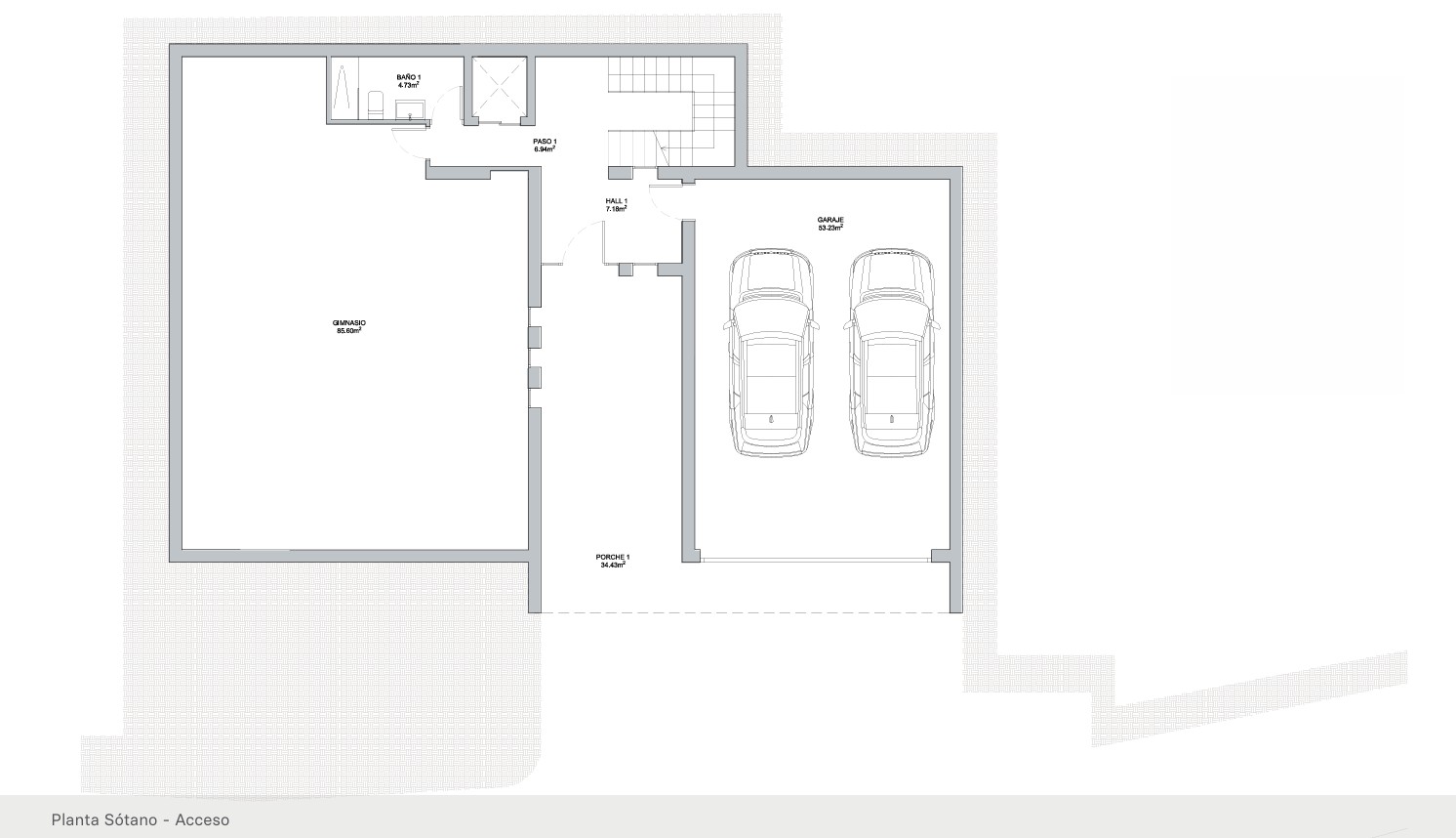 Technischer Grundriss des Untergeschosses mit Doppelgarage, einem 85 m² großen Fitnessraum, Badezimmer sowie Zugang über Treppe und Aufzug.