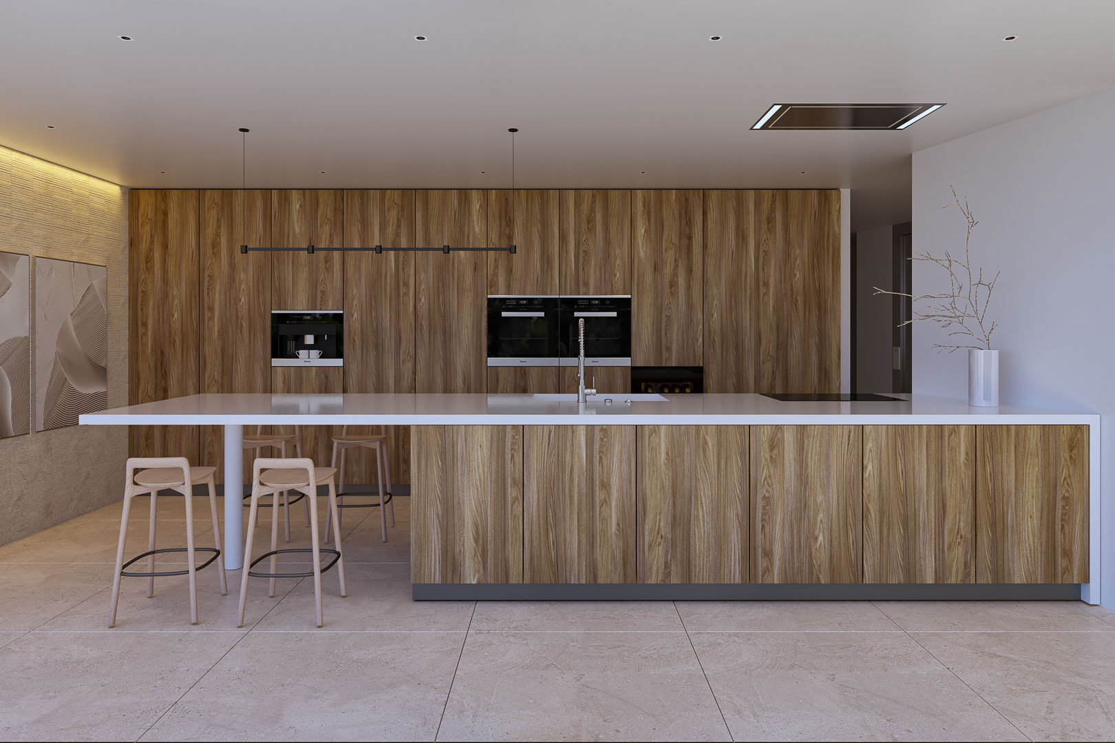 Designerküche mit großer Kochinsel, weißer Arbeitsplatte und Echtholz-Fronten. Integrierte Einbaugeräte, minimalistische Barhocker und großformatiger Steinboden.