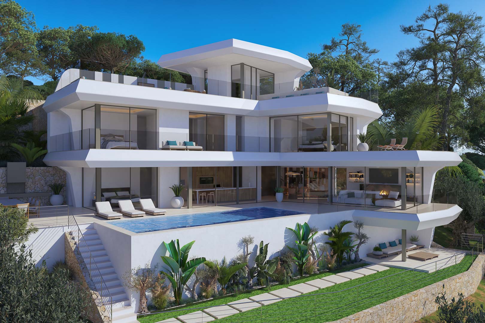 Moderne dreistöckige Villa mit raumhoher Verglasung, Infinity-Pool und abgestuften Terrassen in einer mediterranen Gartenanlage mit Natursteinmauern.