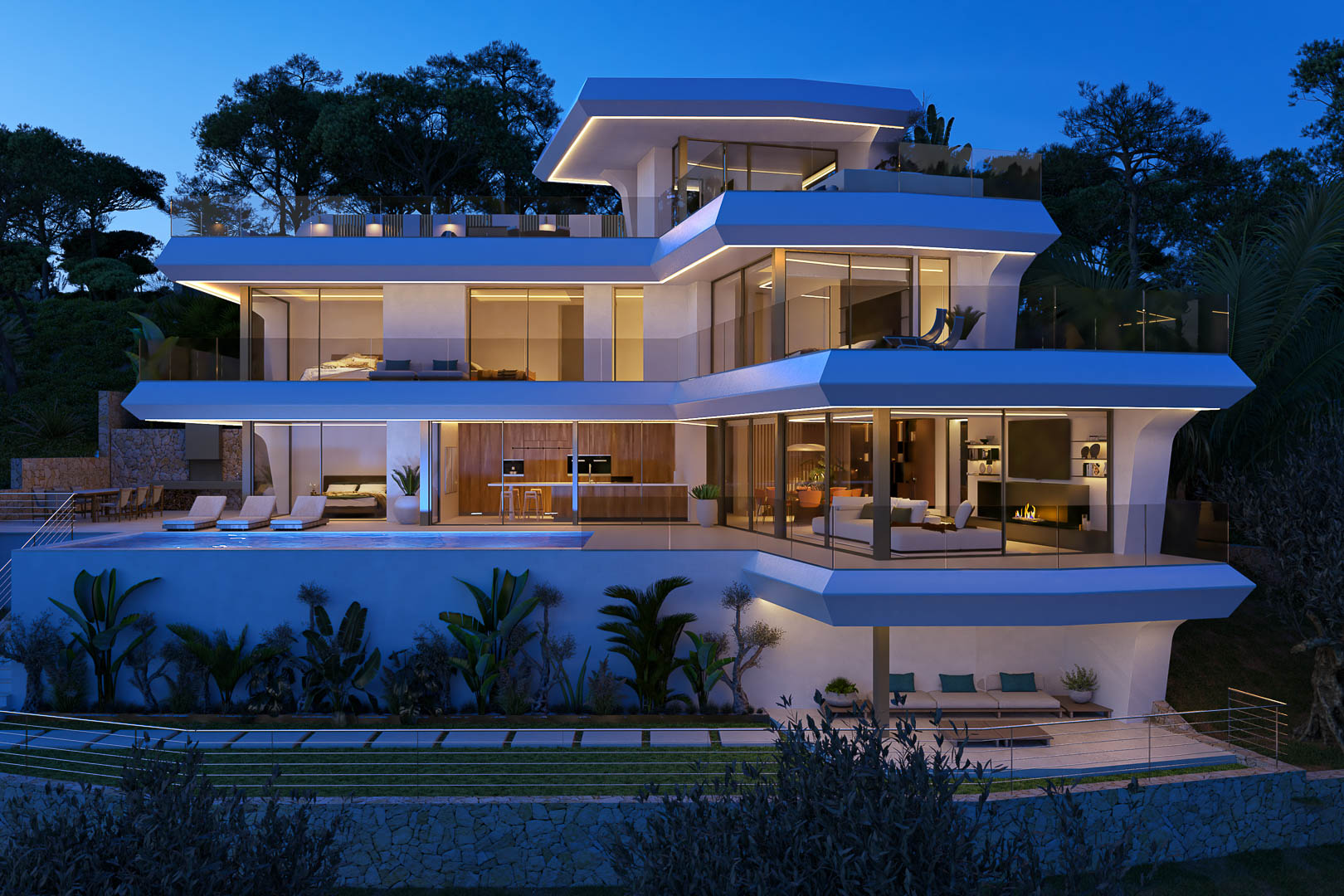Moderne, mehrstöckige Villa mit auskragenden Terrassen, linearer LED-Beleuchtung, Infinity-Pool und bodentiefen Glasfronten, die Einblicke in das Design bieten.