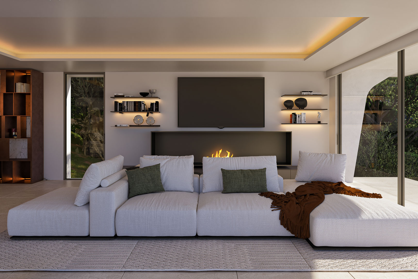Modernes Wohnzimmer mit weißem Modulsofa, integriertem linearem Kamin und hinterleuchteten Regalen. Bodentiefe Fenster bieten Blick auf den Garten.