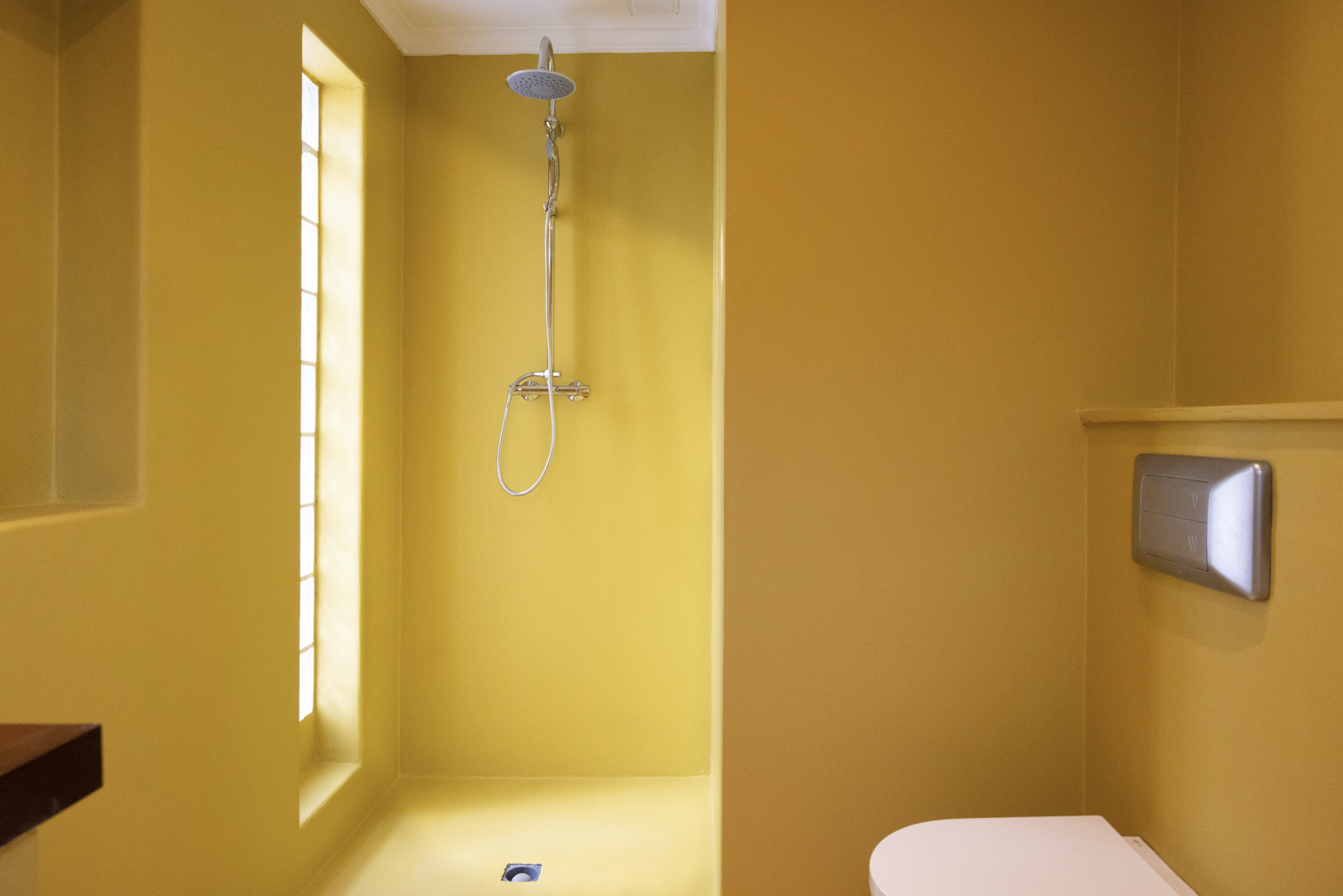 Badezimmer mit senffarbenen Wänden, Stahldusche und vertikalem Fenster.