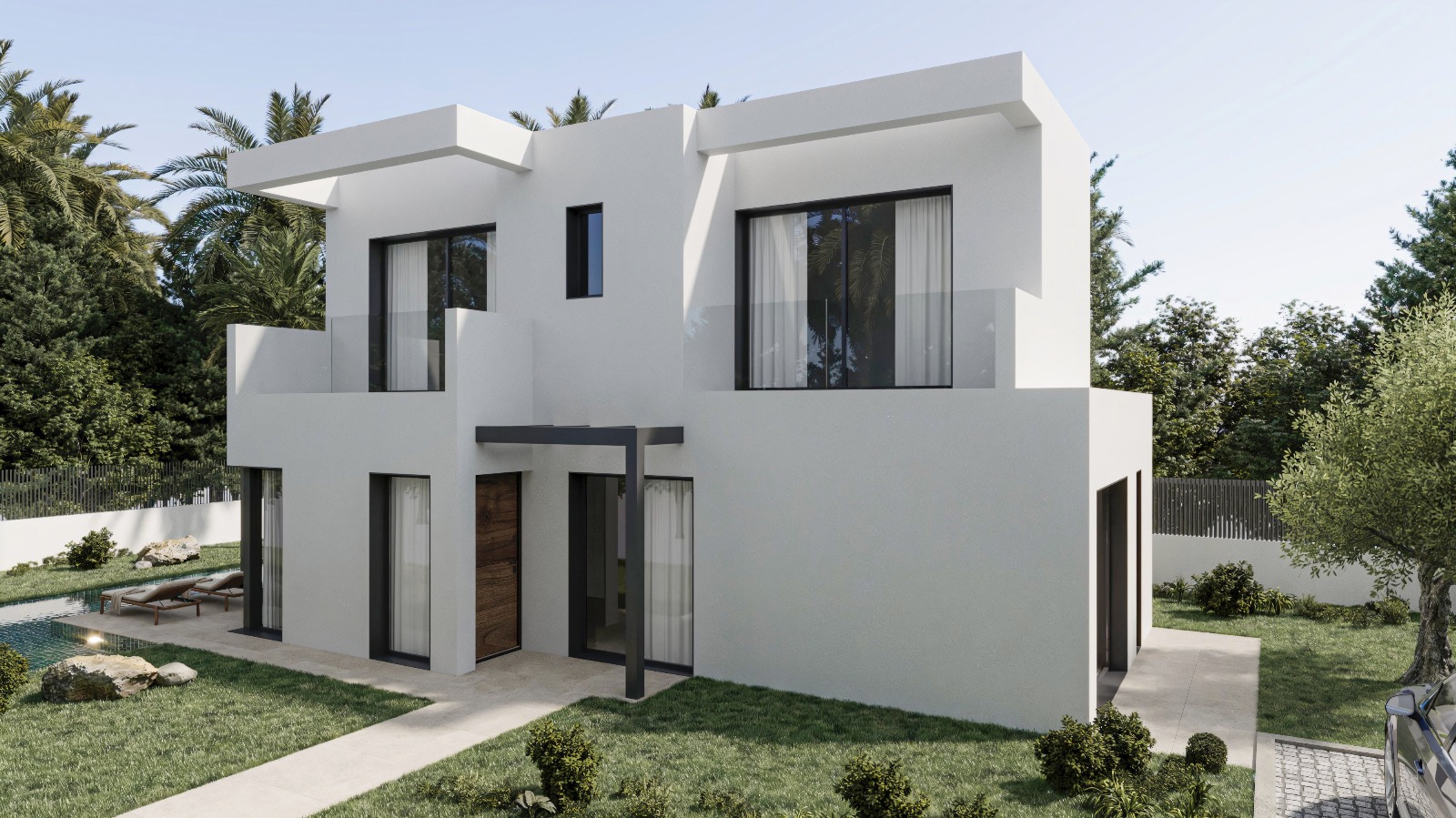 Außenansicht einer modernen zweistöckigen Villa mit weißer Fassade, dunklen Fensterrahmen, Glasgeländer-Terrassen und einem Poolbereich im angelegten Garten.