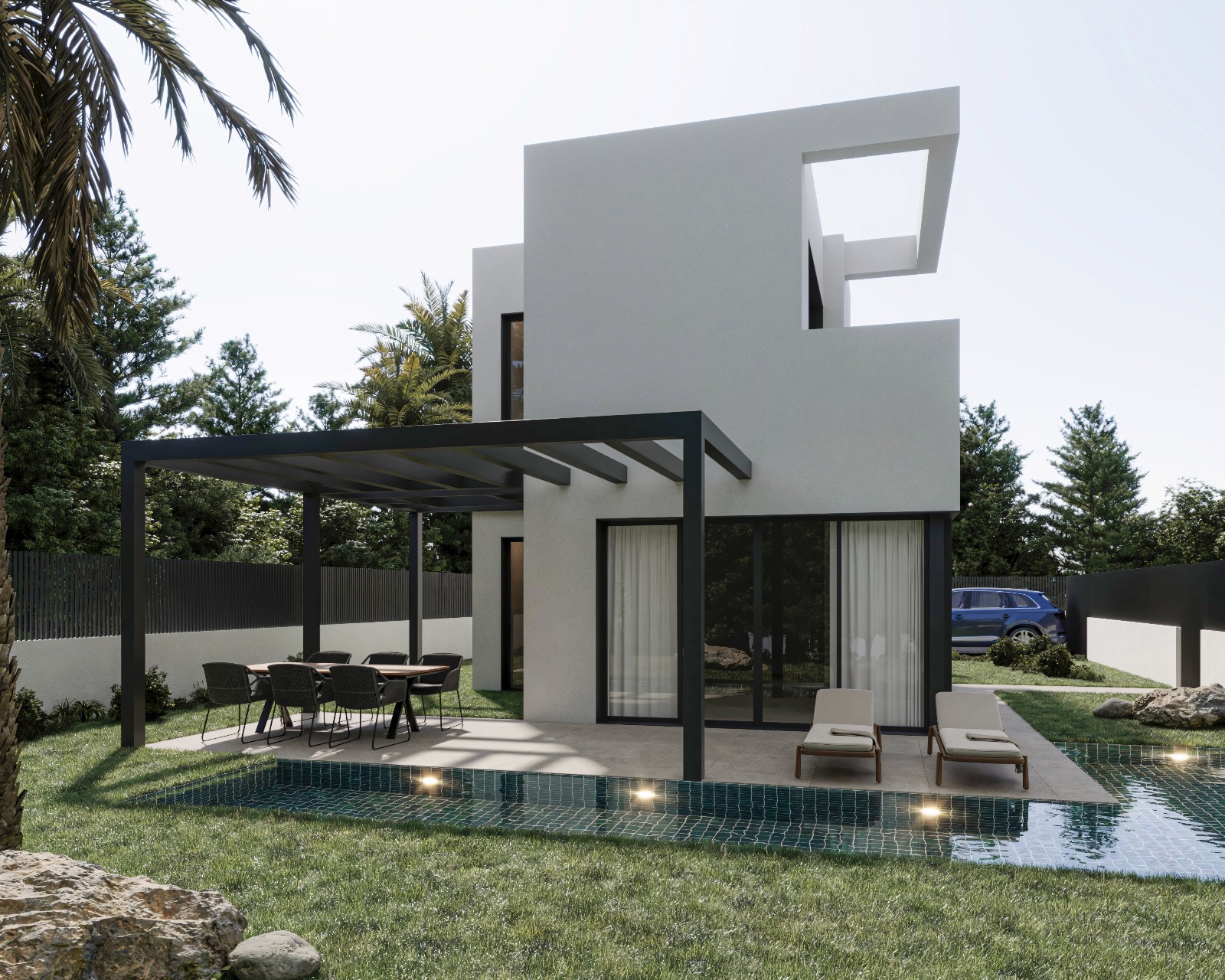 Moderne zweistöckige Villa mit weißer Fassade, schwarzer Pergola über dem Essbereich und privatem Pool mit integrierter Beleuchtung und türkisfarbenen Fliesen.