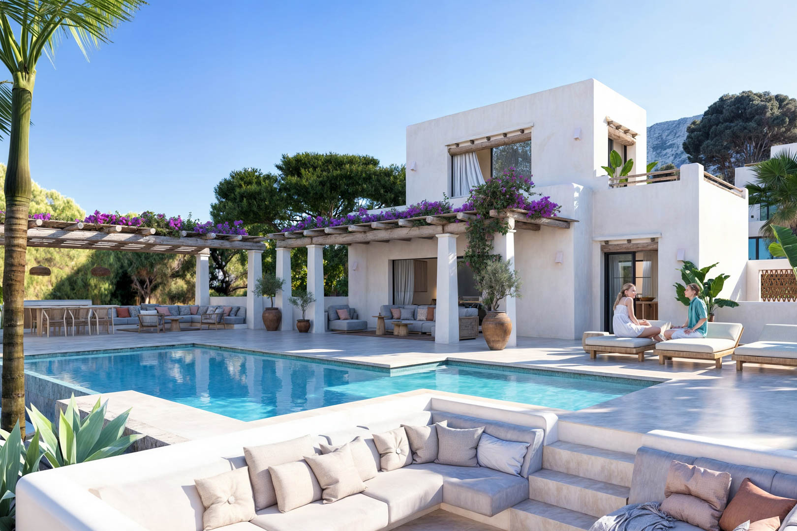Poolblick mit Bougainvillea-überdachter Pergola und Sitzecke mit eingebauten Sofas.