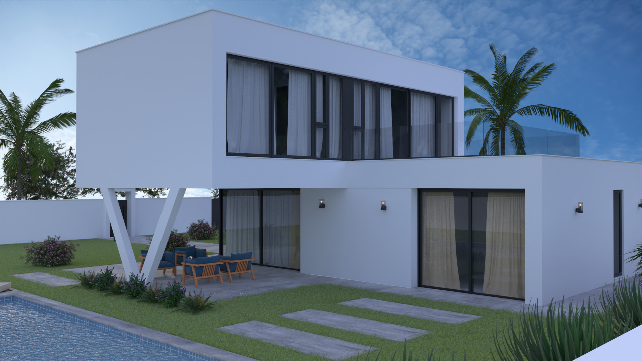 Außenansicht der Villa Modell C mit weißer Fassade, auskragendem Obergeschoss auf V-Stütze, Loungebereich am Pool und großzügigen, schwarz gerahmten Fensterfronten.