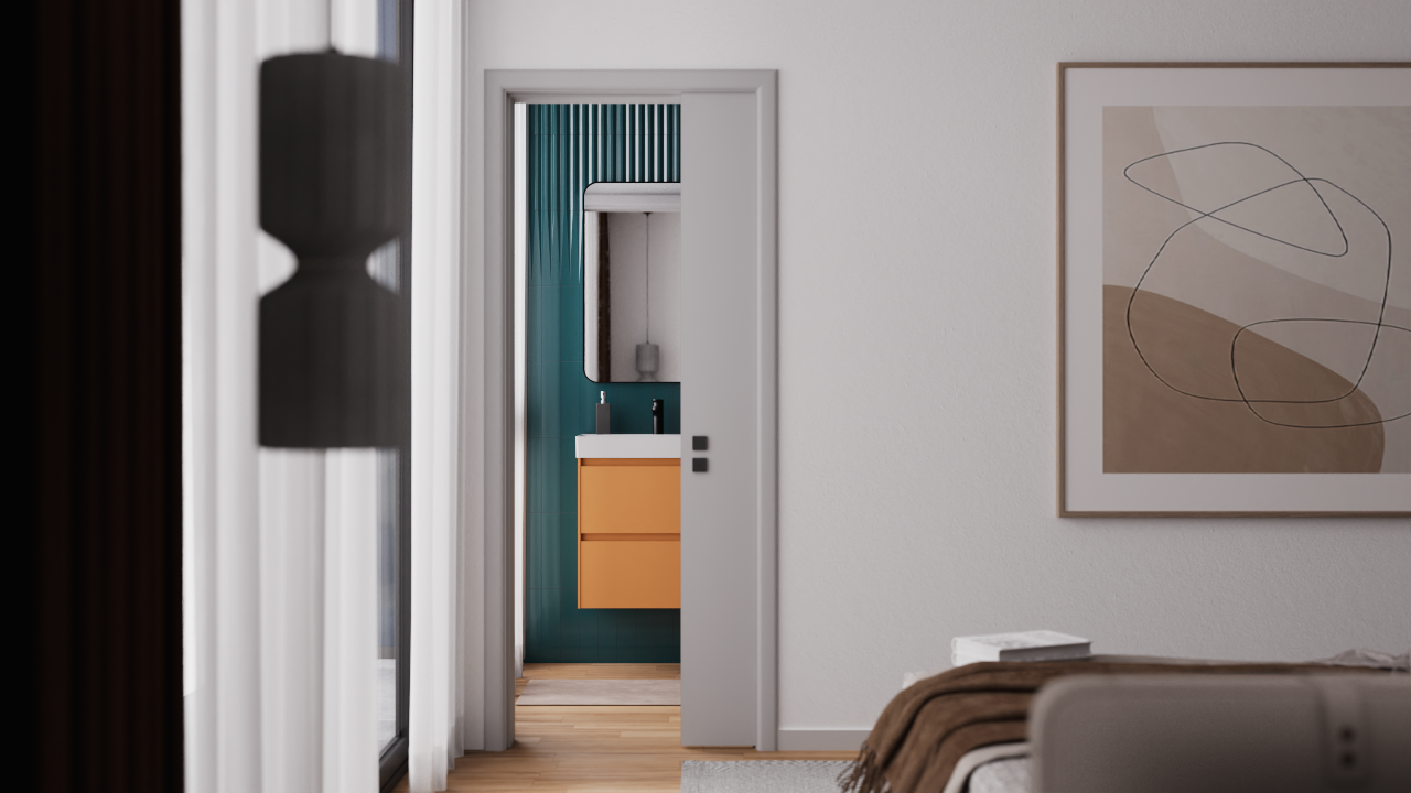 Blick vom Schlafzimmer in das En-Suite-Bad mit platzsparender Schiebetür, petrolfarbenen Rillenfliesen und einem modernen senfgelben Waschtisch.