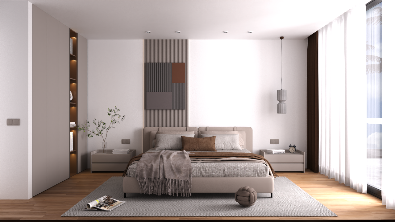 Hauptschlafzimmer mit Parkettboden, Einbauschränken mit LED-Beleuchtung und bodentiefen Fenstern für maximale natürliche Belichtung.