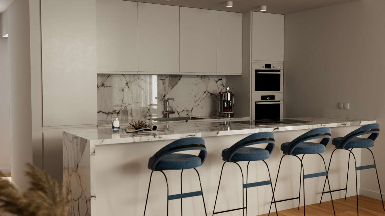 Moderne Küche mit Marmor-Insel, blauen Designer-Barhockern und integrierten Einbaugeräten. Minimalistische Schränke und Einbaustrahler sorgen für ein elegantes Ambiente.