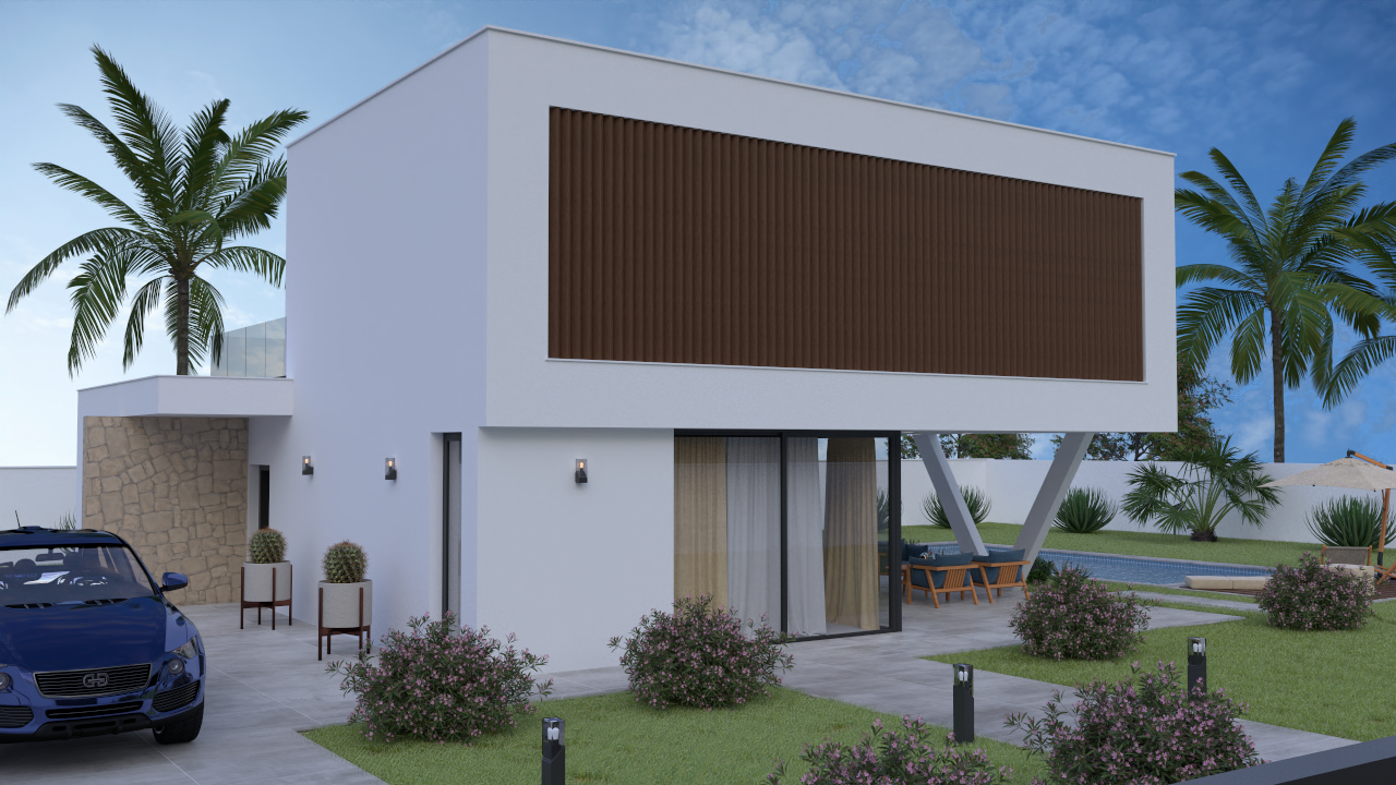 Moderne zweigeschossige Villa mit weißer Fassade, braunen Sichtschutzlamellen und auskragendem Obergeschoss über der Terrasse und dem Pool.