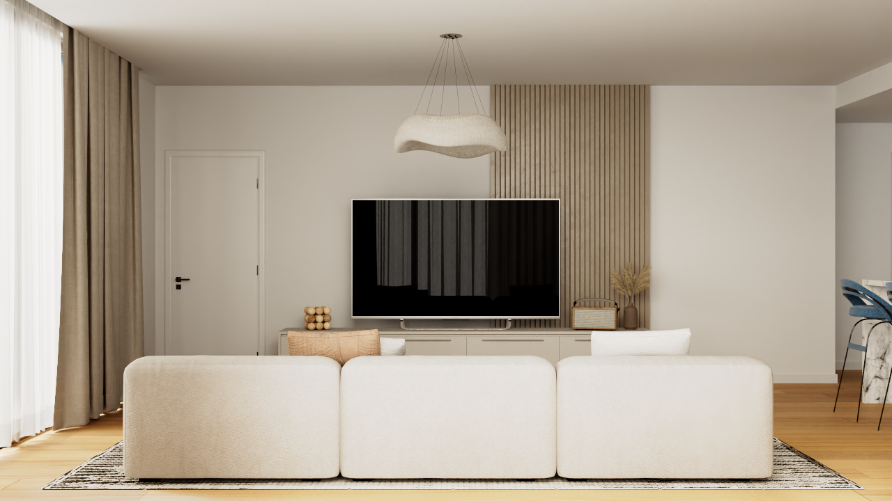 Moderner Wohnbereich mit hölzerner Akzentwand, hellem Modulsofa und einer Designer-Pendelleuchte in organischer Form.