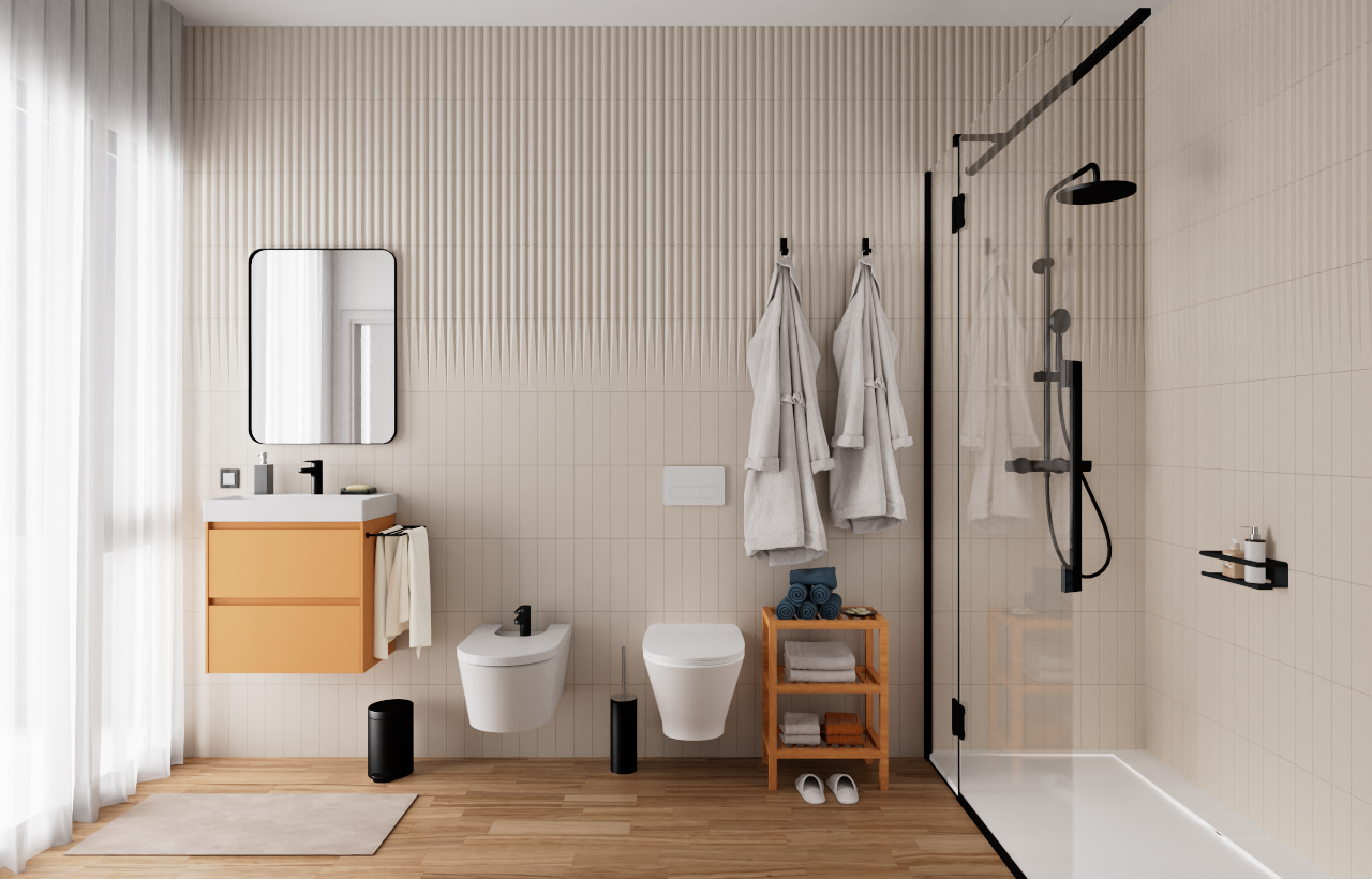 Modernes Badezimmer mit begehbarer Dusche, schwarzen Armaturen und wandhängenden Sanitärobjekten. Vertikal strukturierte Wandfliesen und ein Waschtisch in Holzoptik prägen das Design.