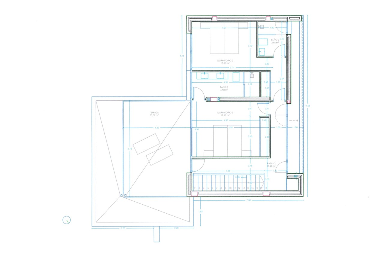 Technischer Grundriss des Obergeschosses von Modell C mit zwei Schlafzimmern, En-Suite-Bädern und einer 25,57 m² großen Terrasse.
