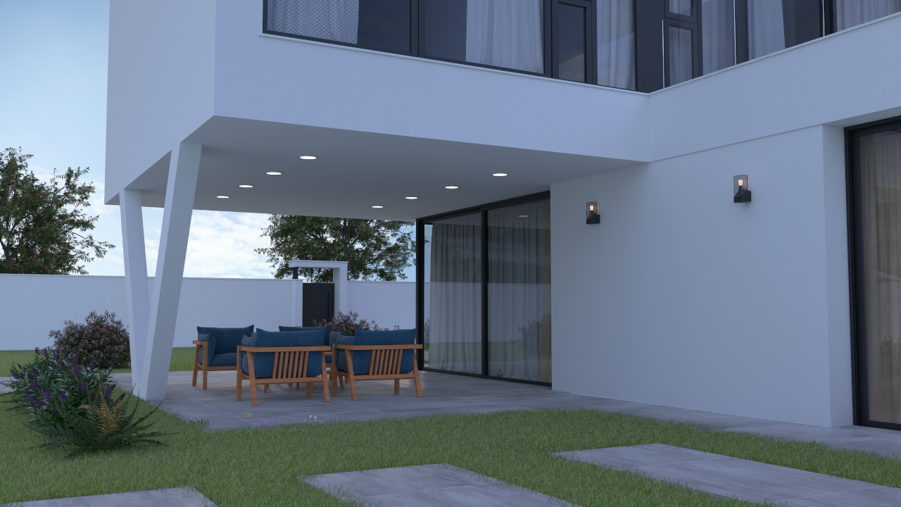 Überdachte Terrasse unter dem auskragenden Obergeschoss mit Deckenspots, Holz-Loungemöbeln und direktem Zugang durch große Glasschiebetüren.