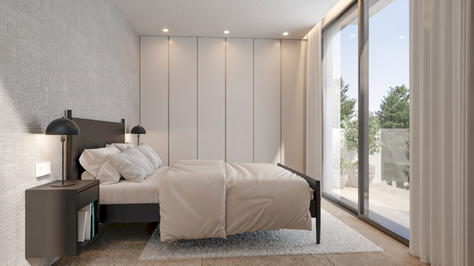 Helles Schlafzimmer mit deckenhohen Einbauschränken, strukturierter Akzentwand und großen Glasschiebetüren zur privaten Terrasse.