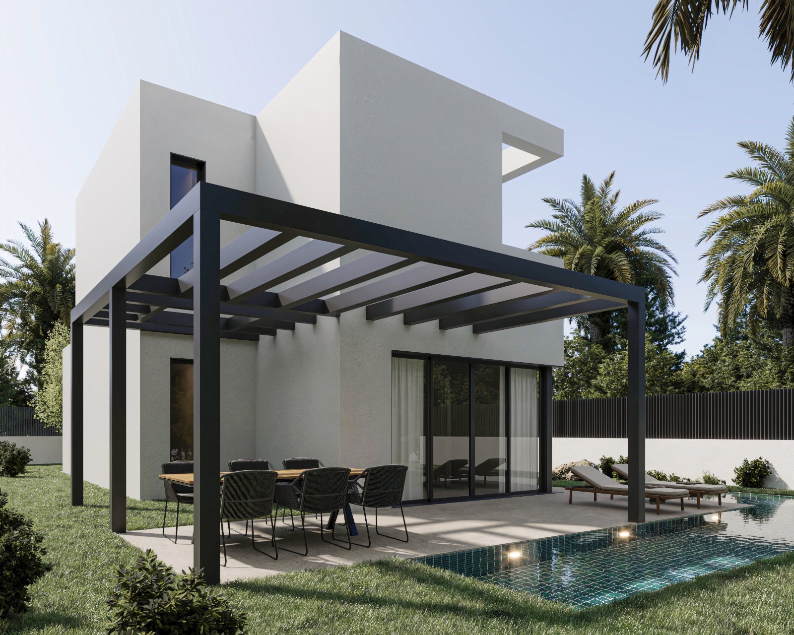 Moderne Villa mit schwarzer Metallpergola, Außen-Essbereich und privatem Pool mit integrierter Beleuchtung vor einer minimalistischen Fassade.
