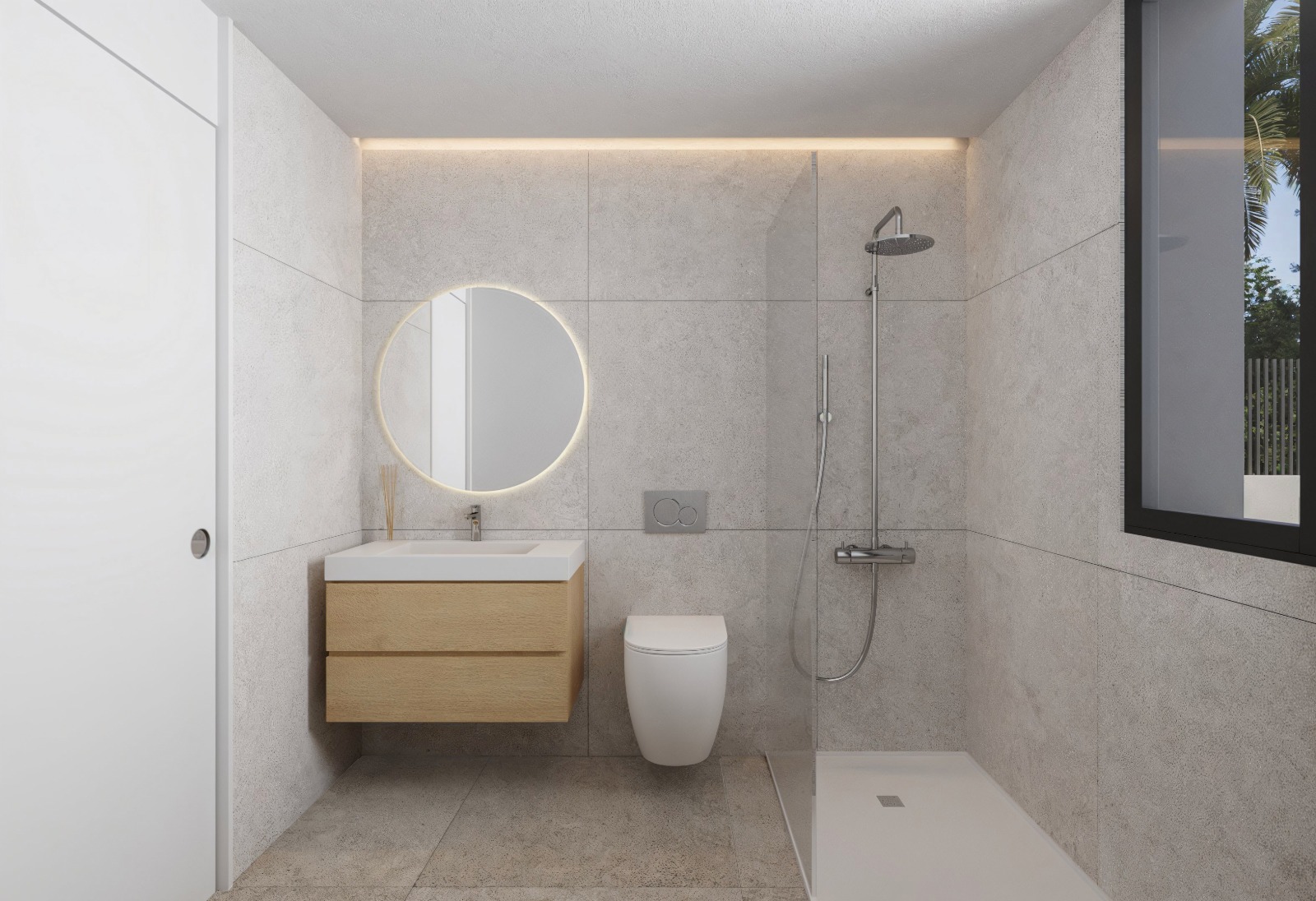 Modernes Badezimmer mit Fliesen in Steinoptik, schwebendem Holz-Waschtisch, hinterleuchtetem Rundspiegel und bodengleicher Dusche mit Glastrennwand.