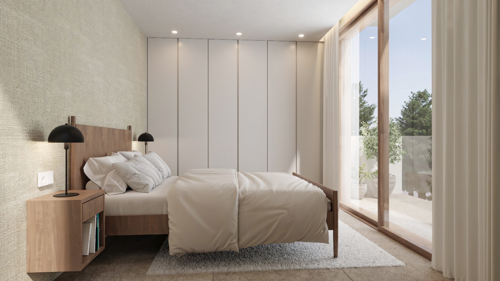 Modernes Schlafzimmer mit raumhohen Einbauschränken, Holzbettrahmen und großen Glasschiebetüren, die direkt auf die private Terrasse führen.
