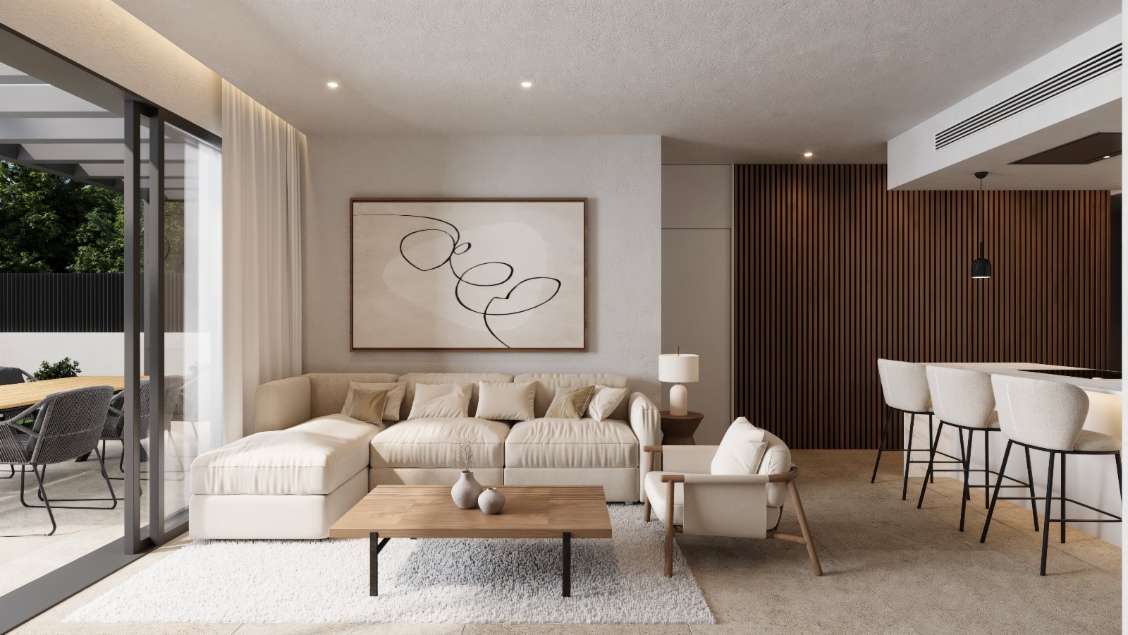 Offener Wohnbereich mit modularem Sofa, dekorativer Holzverkleidung und direktem Terrassenzugang durch große Glasschiebetüren.