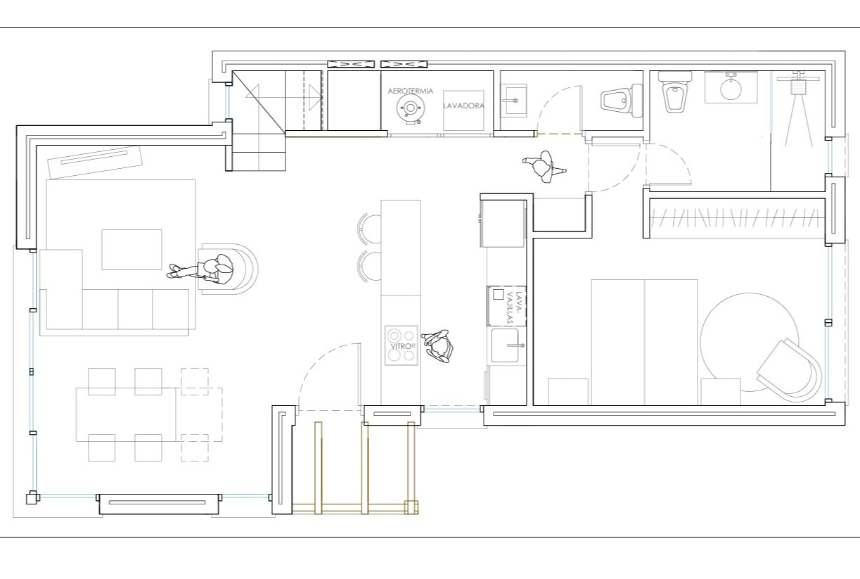 Technischer Grundriss des Erdgeschosses mit offenem Wohnbereich, Kücheninsel, Hauswirtschaftsraum für Aerothermie und einem Schlafzimmer mit En-Suite-Badezimmer.