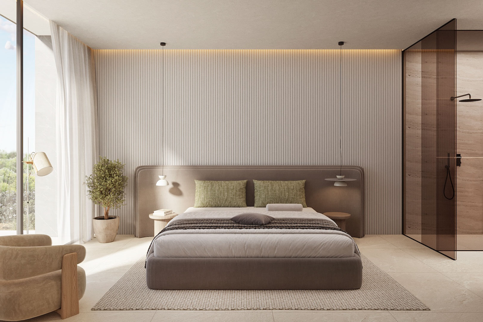 Hauptschlafzimmer mit vertikaler Lamellenwand, indirekter LED-Beleuchtung und integriertem Bad mit einer Duschwand aus Rauchglas.