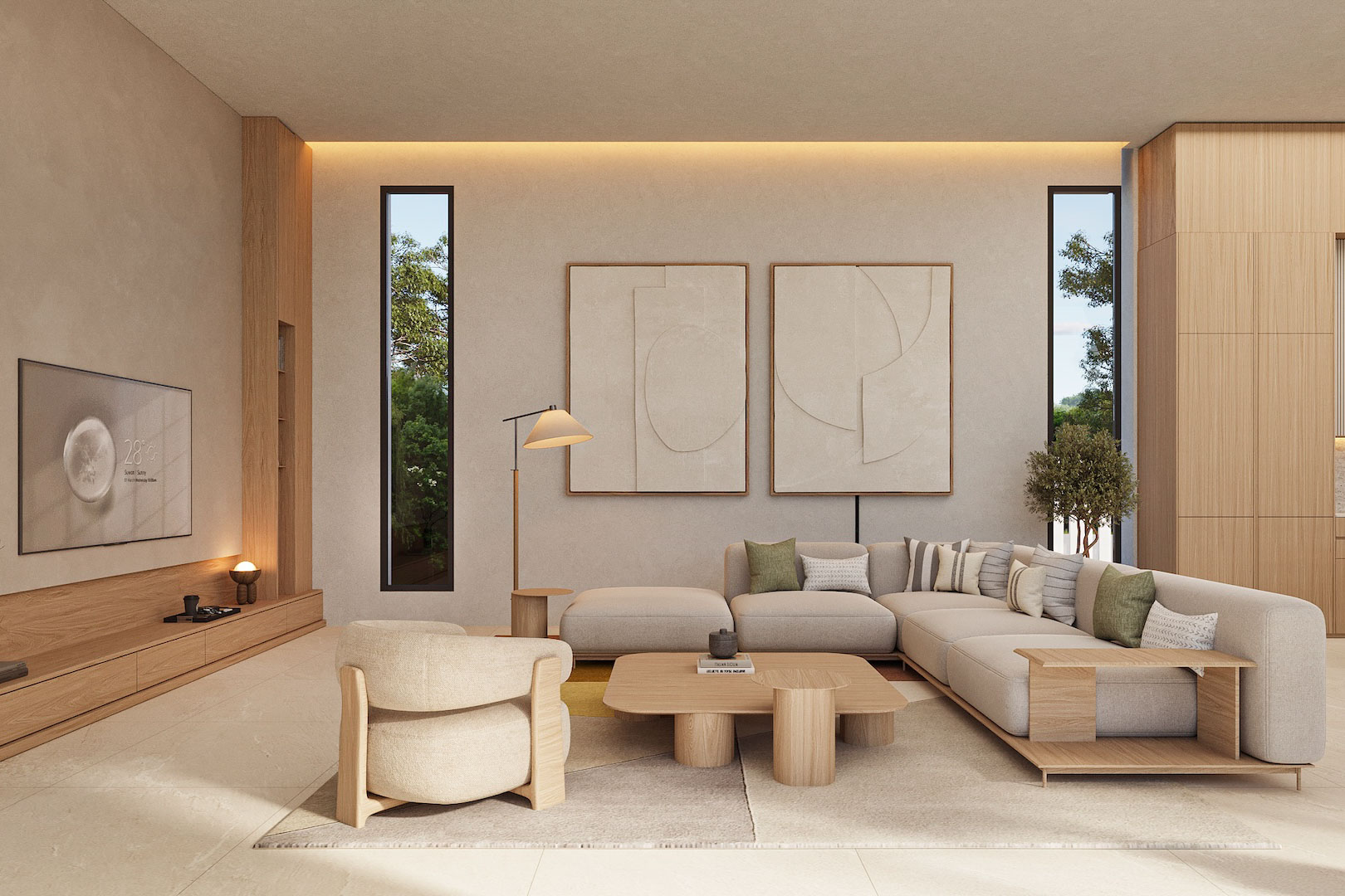 Minimalistischer Wohnbereich mit modularem Sofa, Akzenten aus Naturholz und schmalen vertikalen Fenstern. Indirekte Deckenbeleuchtung setzt die Reliefkunst elegant in Szene.