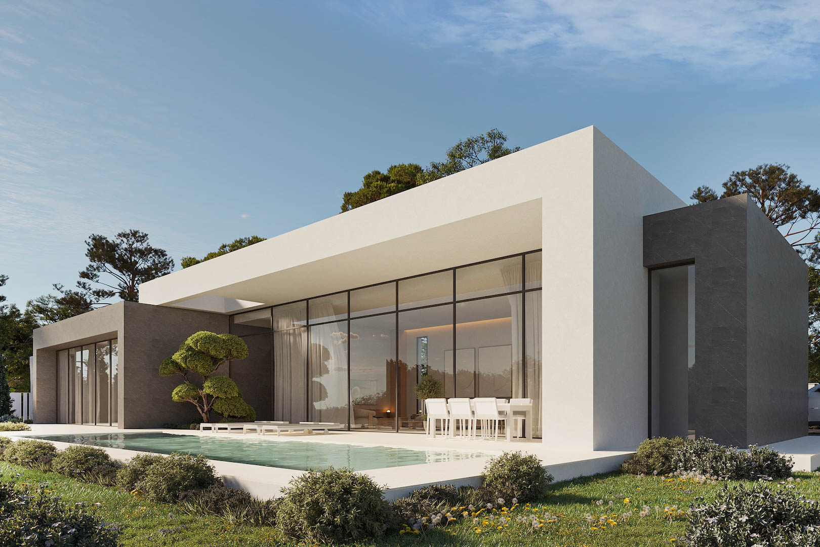 Moderne eingeschossige Villa mit bodentiefen Glasfronten, rechteckigem Pool und überdachter Terrasse, kombiniert mit weißen Putzflächen und grauen Natursteinwänden.