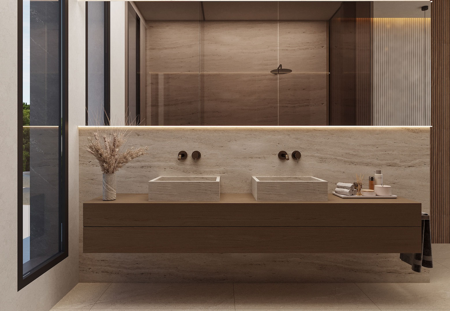 Modernes Badezimmer mit Doppelwaschbecken aus Naturstein auf einem schwebenden Holzunterschrank. Mit Unterputzarmaturen, hinterleuchtetem Spiegel und Travertinwänden.