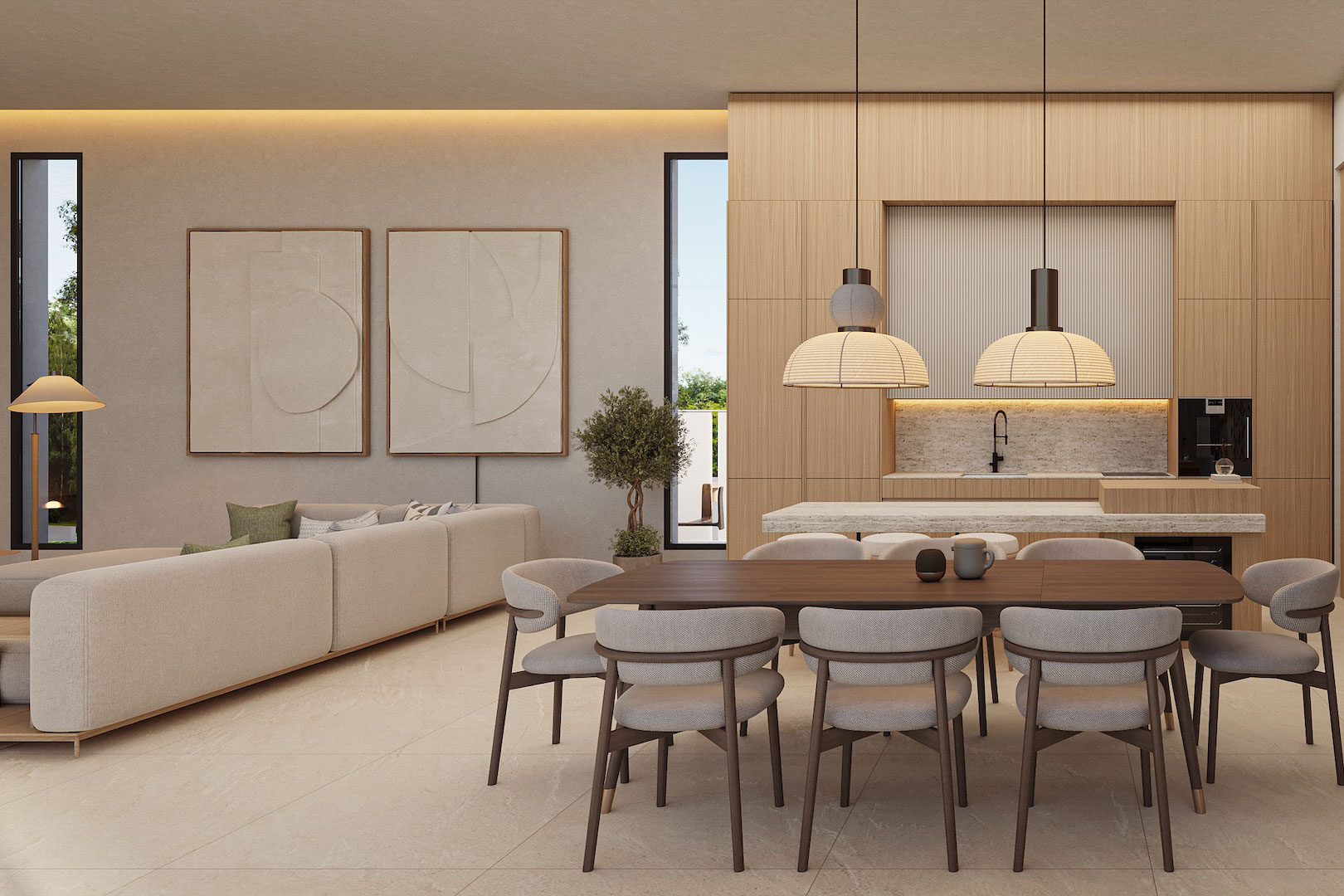 Offener Wohn- und Essbereich mit dunklem Holztisch, Designer-Pendelleuchten und einer modernen Küche mit Fronten aus Naturholz und Steinarbeitsplatte.