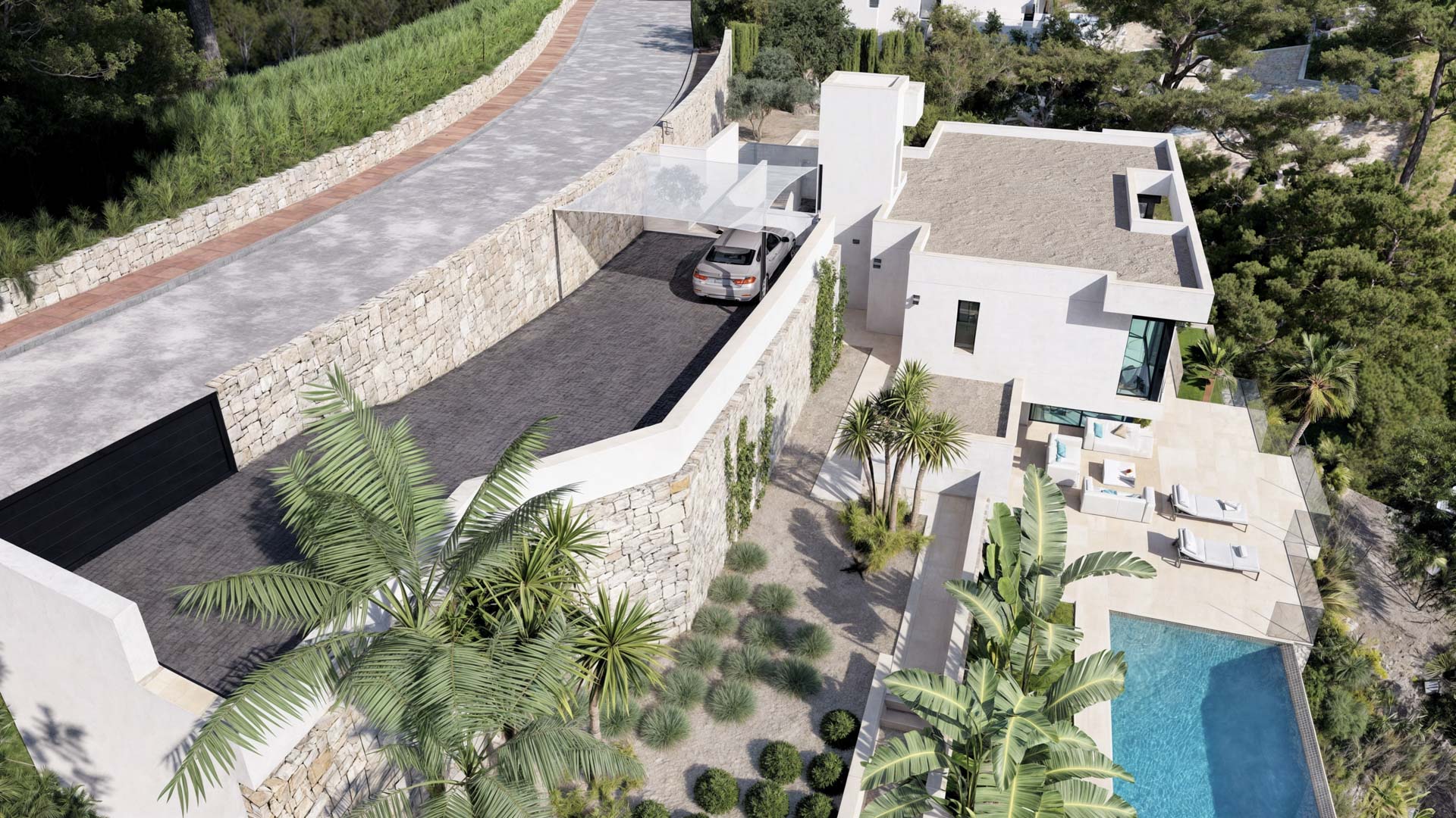 Luftaufnahme des Haupteingangs mit Trockensteinmauern, schattigem Parkplatz und terrassierter Anordnung, die zum Poolbereich und den mediterranen Gärten führt.