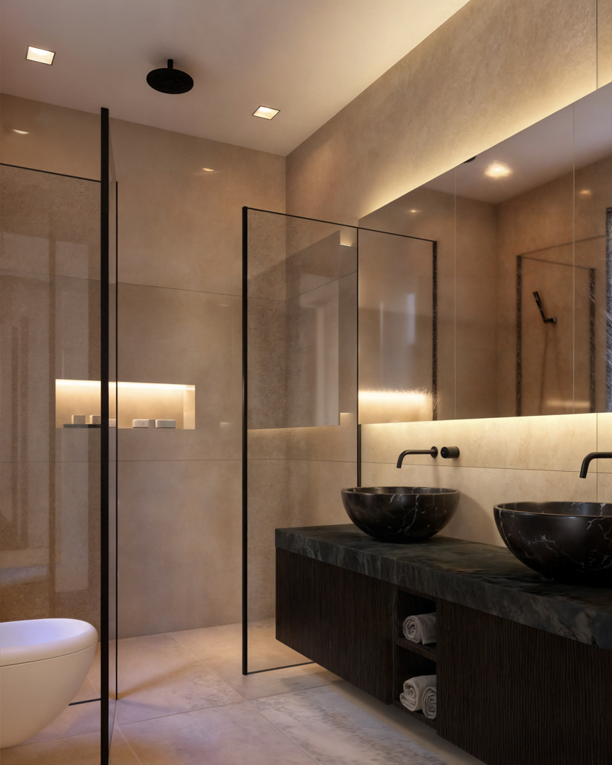 Modernes Badezimmer mit Doppelwaschbecken aus schwarzem Marmor auf einem schwebenden Unterschrank. Begehbare Dusche mit Glastrennwänden und mattschwarzen Armaturen.