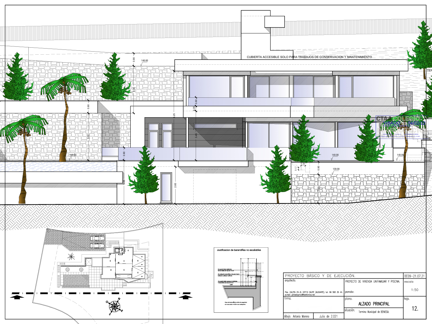 Technische Architekturzeichnung der Hauptansicht mit Darstellung der mehrstöckigen Struktur, großzügigen Glasfronten, Natursteinwänden und Außenbereichen.