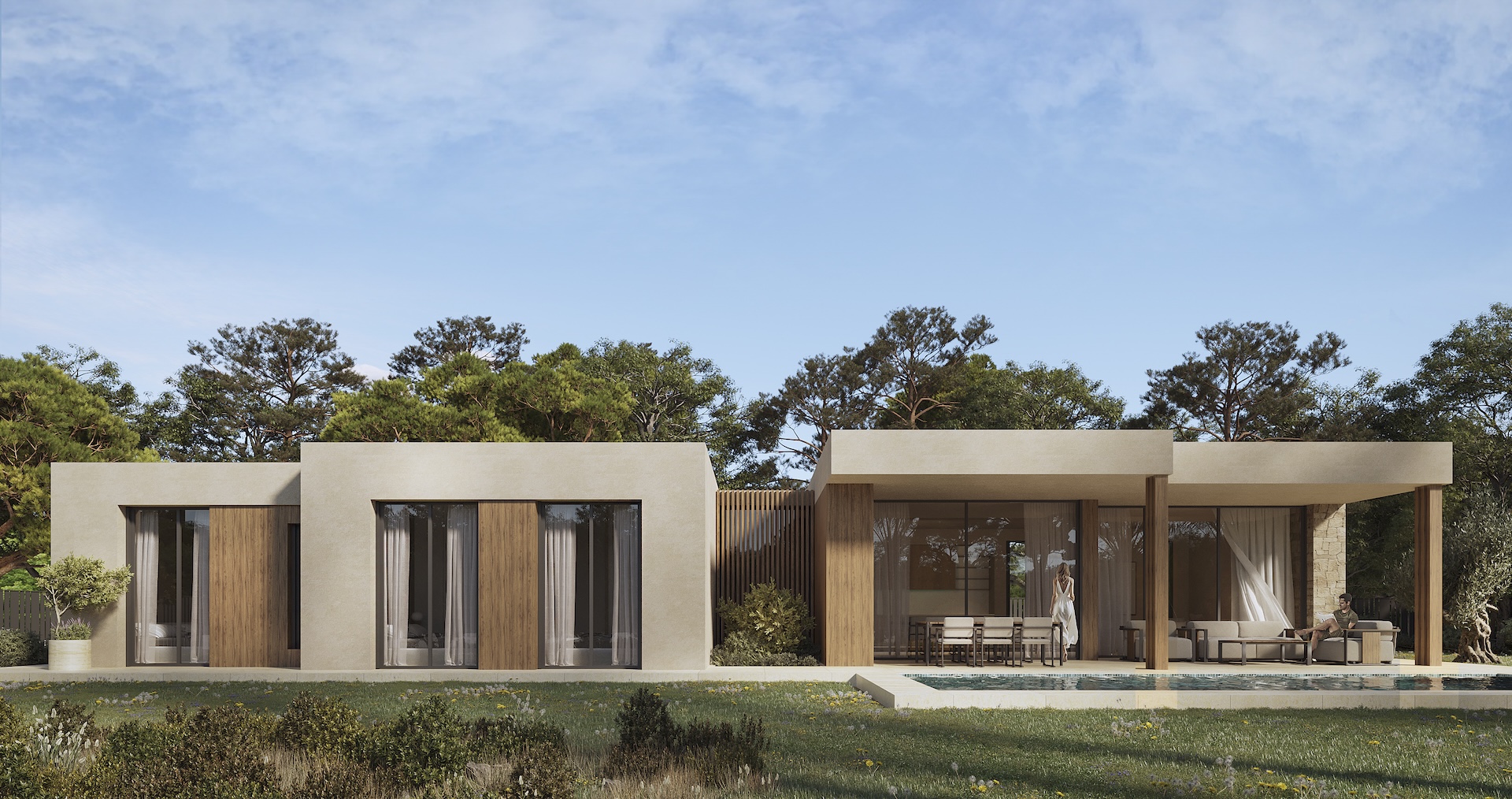 Moderne einstöckige Fassade mit Holz- und Natursteinelementen, einer großzügigen überdachten Terrasse und einem privaten Pool im gepflegten Garten.