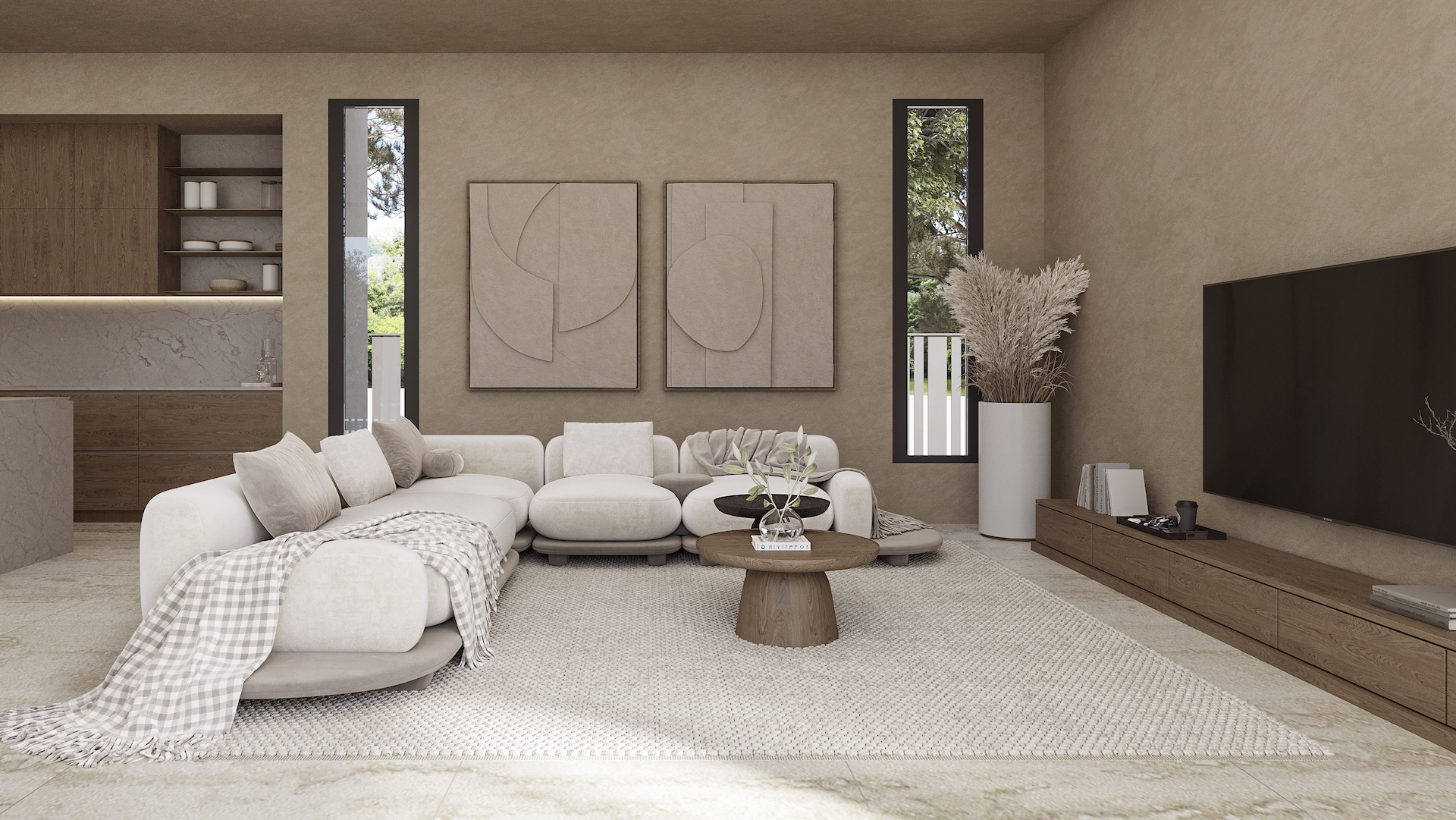 Offener Wohnbereich mit modularem Sofa, strukturierten Wänden in Erdtönen, Reliefkunst und integrierter Küche mit dunklen Holzfronten und Marmor.
