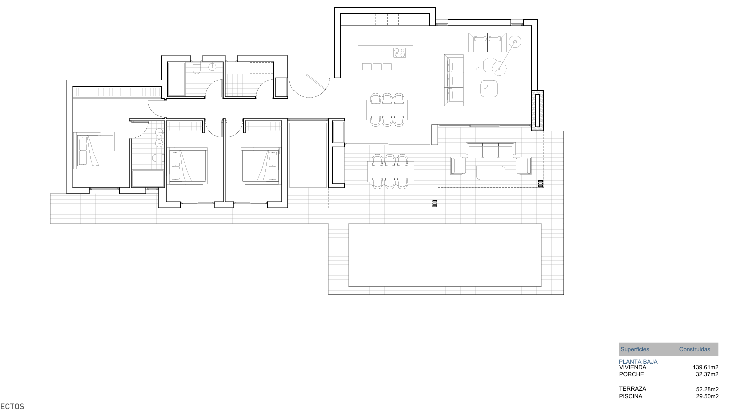 Technischer Grundriss des Erdgeschosses mit Details zur Aufteilung von drei Schlafzimmern, zwei Bädern, offener Küche und dem Außenbereich mit Veranda und Pool.