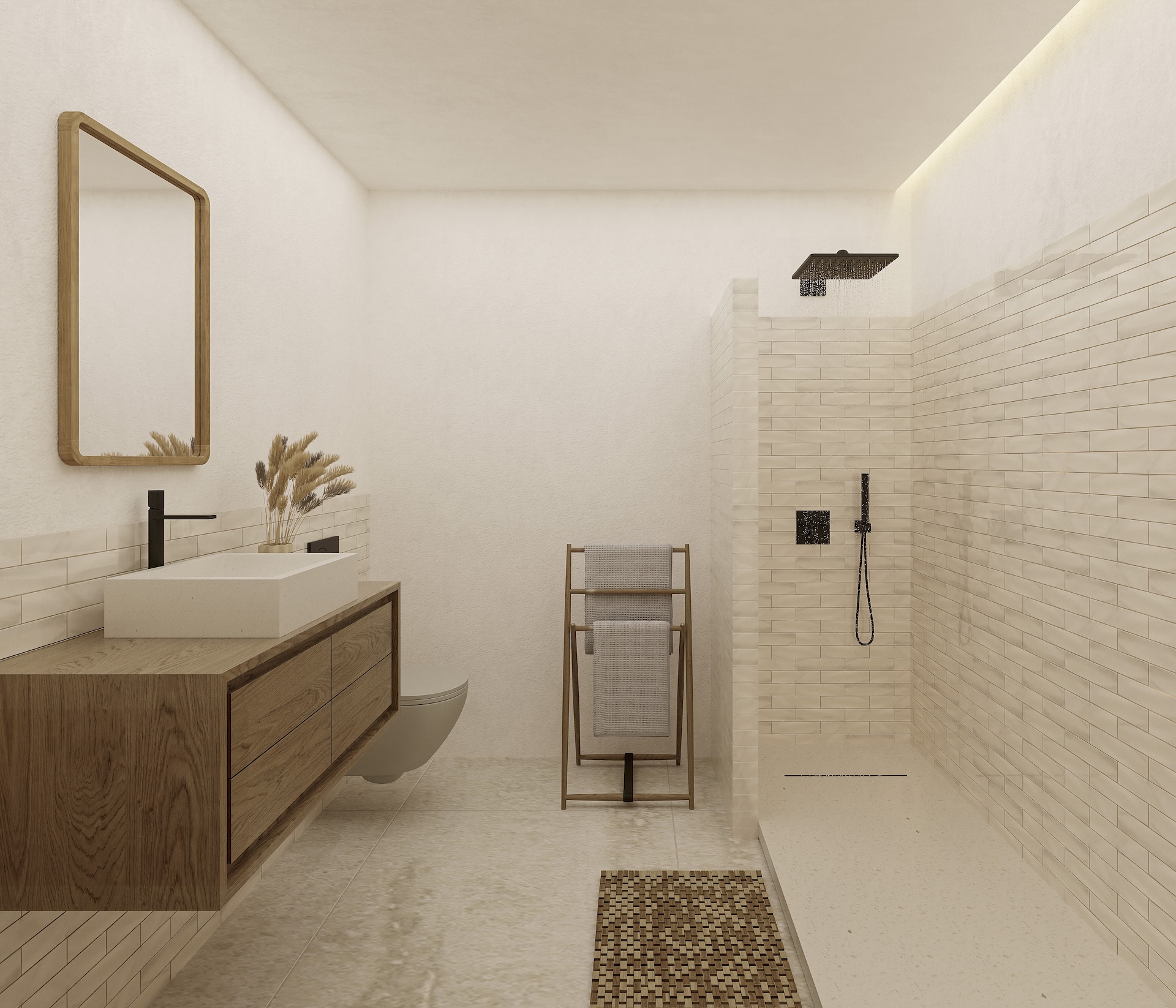 Badezimmer im Ibiza-Stil mit schwebendem Waschtisch aus Eichenholz, Aufsatzwaschbecken und begehbarer Dusche mit mattschwarzen Armaturen.